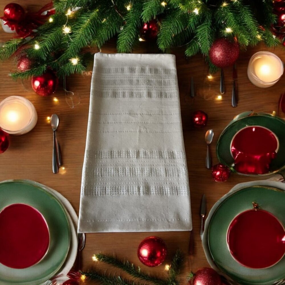 Domain Holiday Linen-Tablecloth-Beige with Silver Embrodered Threading 59" x 59"